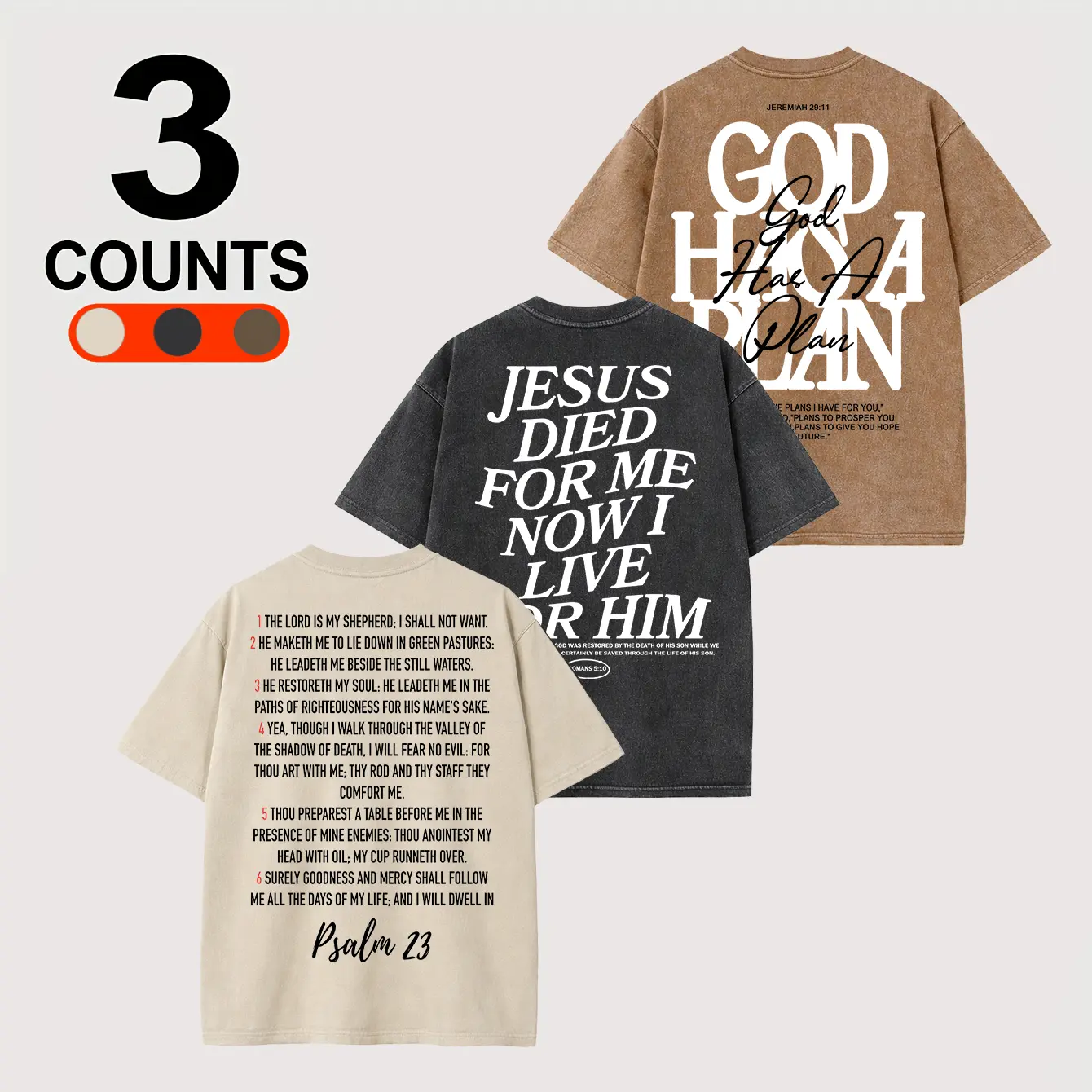 Vintage Washed Christian T-Shirt 3-Pack | Psalm 23, God Has A Plan, Cross Tees | Jesus Faith Streetwear Bundle | Oversized Religious Aesthetic Tops for Men Women Graphic Casual summerwins