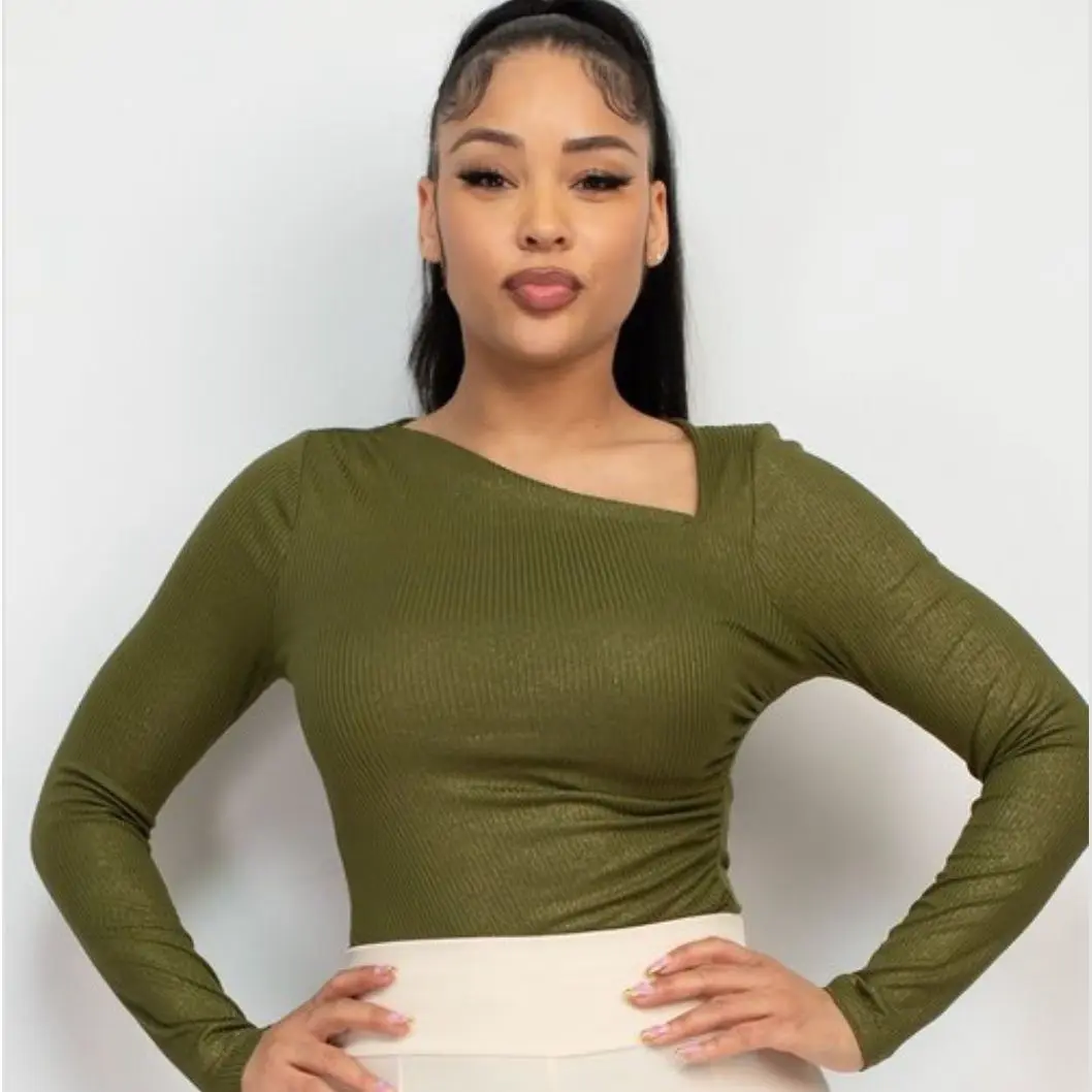 Long Sleeve Fashion Top With Asymmetrical Neck Black