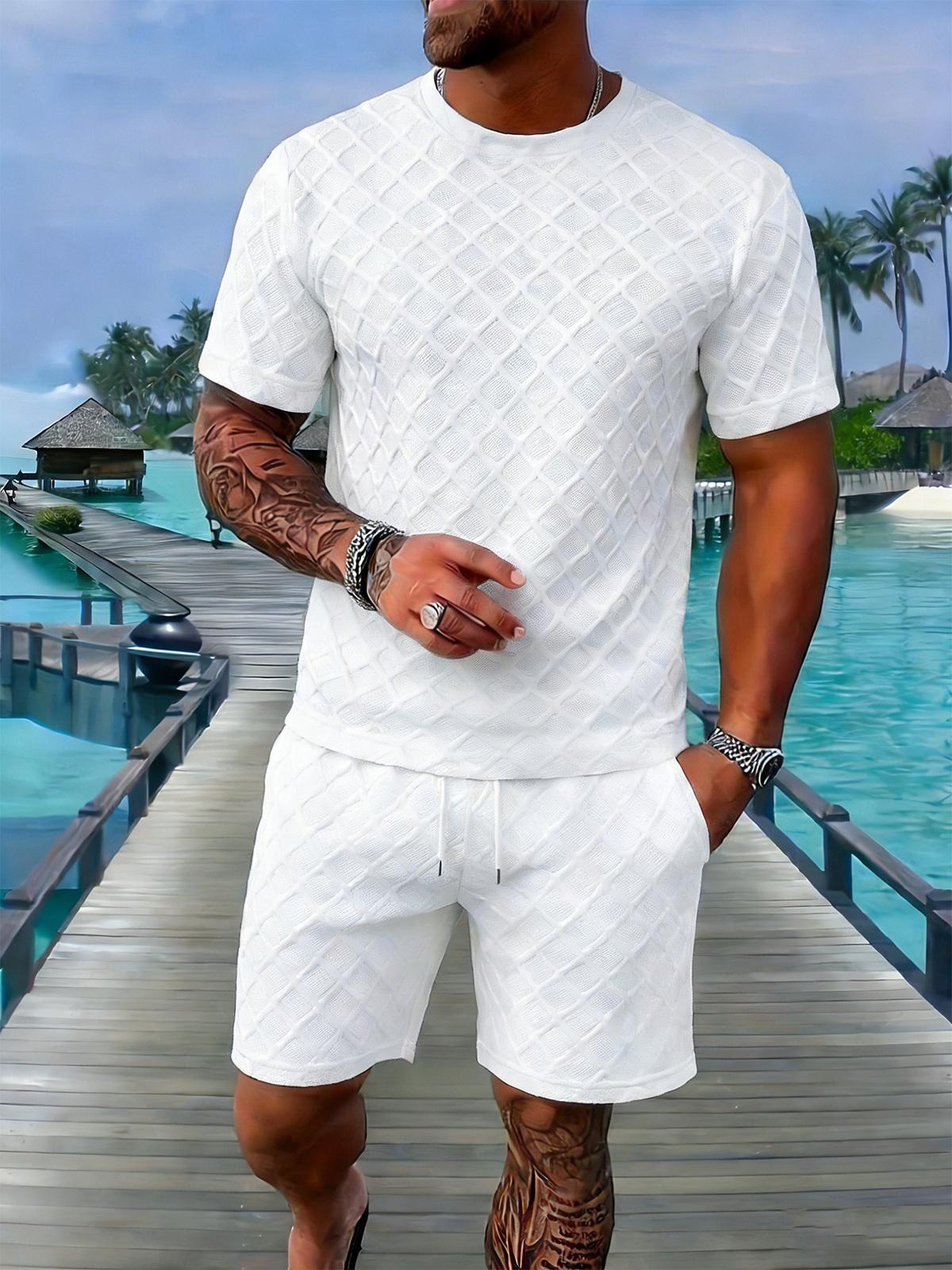 Tropical Getaway Mens Textured Diamond Weave Loungewear Set Loose Fit Lightweight Fashion Outfit for Resort Wear and Street Style