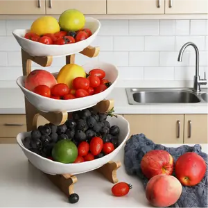 Fruit Bowl for Kitchen Counter - 3 Tier Ceramic Serving Bowls with Bamboo Stand, Tiered Fruit Basket for Fruit Vegetable Storage, Cake, Dessert, Nuts, Snack, Salad (Dishwasher safe)