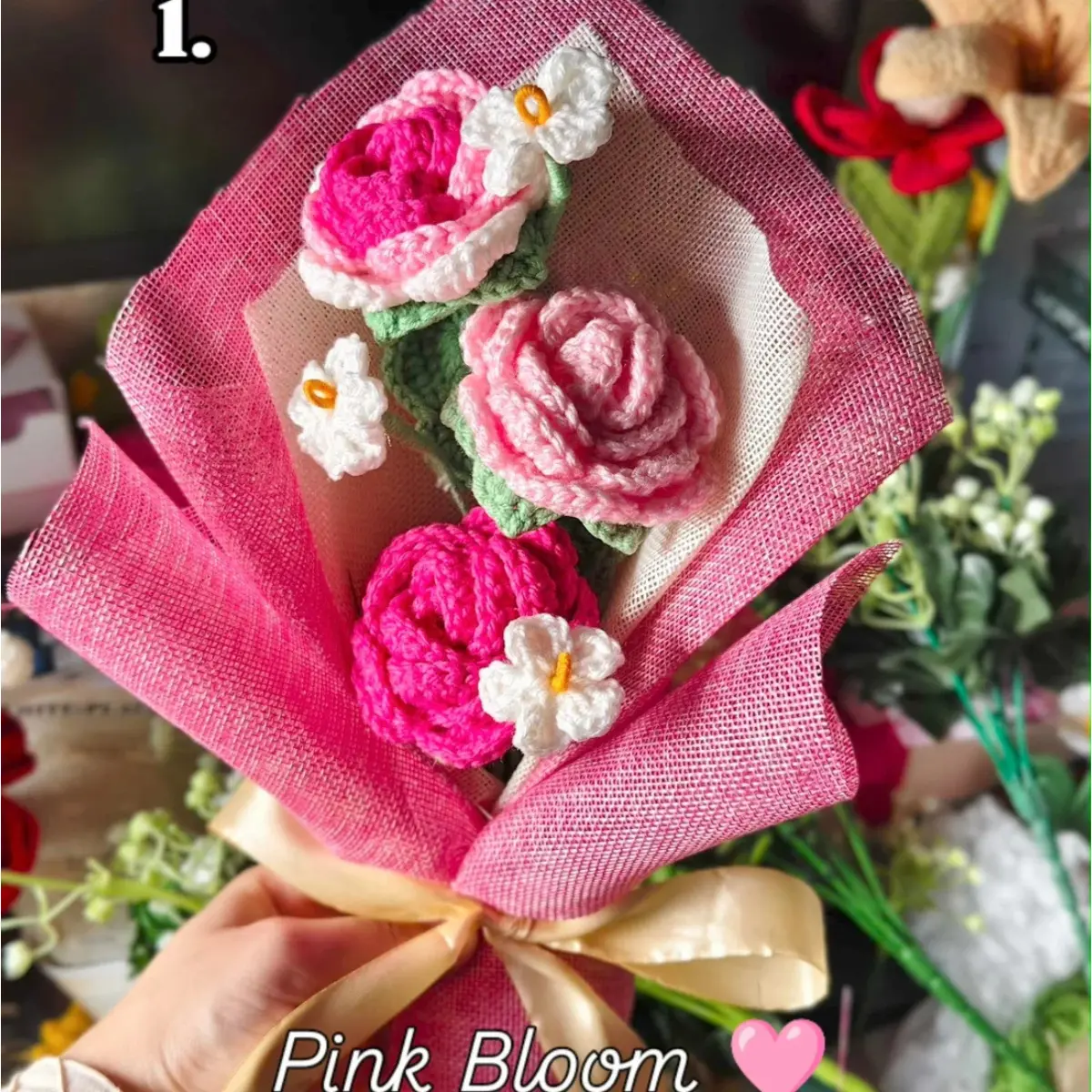 Handmade Crochet Rose Bouquet Pink Bloom 12 Inch Gift Bouquet Long Lasting Flowers Perfect for Special Occasions