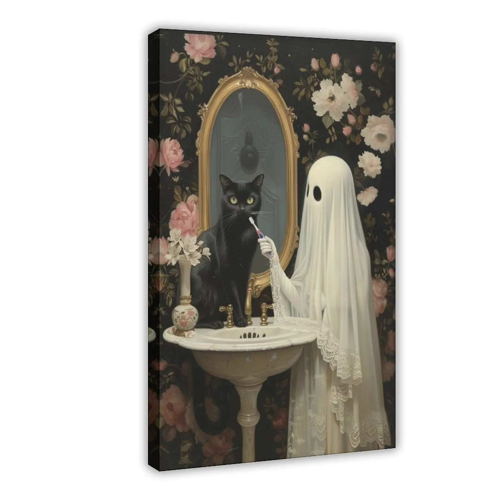 Artistic Halloween Ghost & Black Cat Animal Bathroom Poster - Newspaper-Inspired Waterproof Coffee-Themed Wall Art Print, 12x18in(30x45cm)/16x24in(40x60cm)/20x30in(50x75cm), Framed/Unframed Option, Home Decor Supply, 12X18inch(30X45cm)