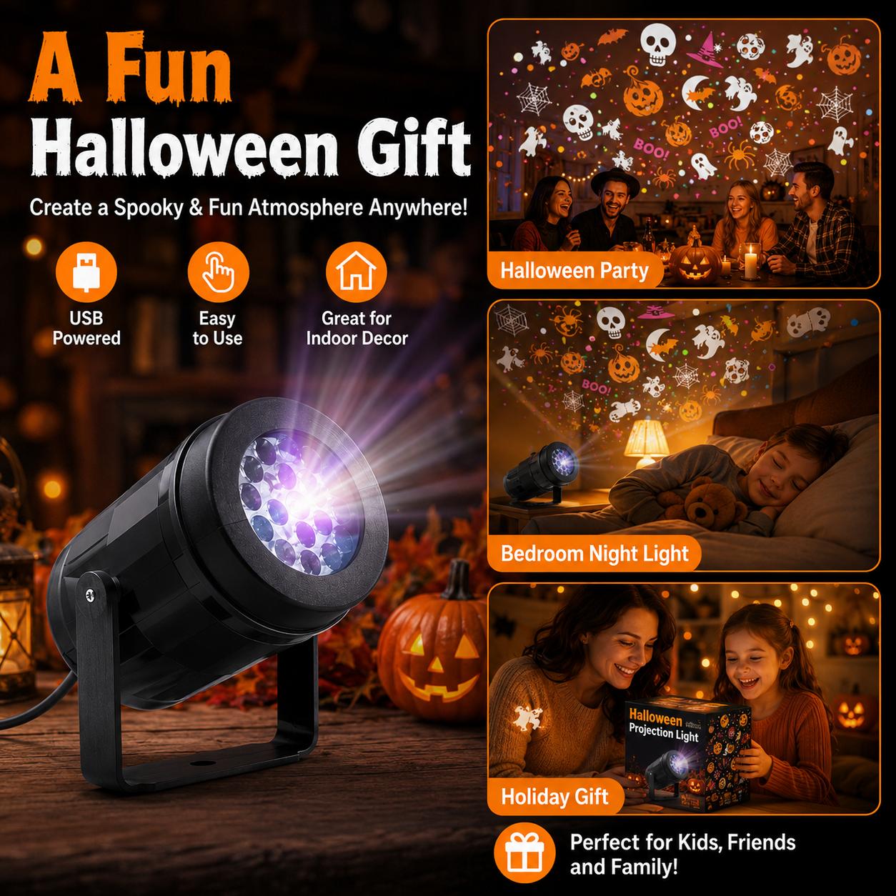 Halloween Projector Light, USB Powered Adjustable Projection Lamp with Ghost, Skull, Spider Web, Witch Hat, Moon, Spider & Bat Patterns for Bedroom, Kids Room, Party & Home Decor, Kids, Teens & Families