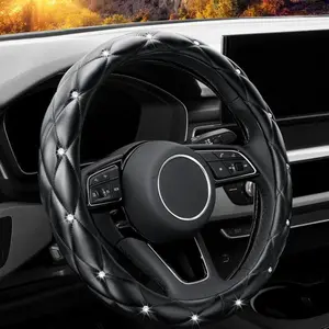 Diamond Soft Leather Steering Wheel Cover with Bling Bling Crystal Rhinestones, Universal 15 inch Anti-Slip, Car Interior Accessories Black
