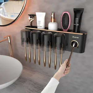 iHave Toothbrush Holders for Bathrooms with Toothpaste Dispenser, 4 Cups Toothbrush Holder Wall-mounted Bathroom Accessories