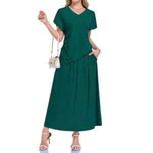 AUSELILY Women's V-neck Two-Piece Skirt Set Waist-Cinching Asymmetrical Top and Elastic-Waist Skirt Matching Outfits 2026 New