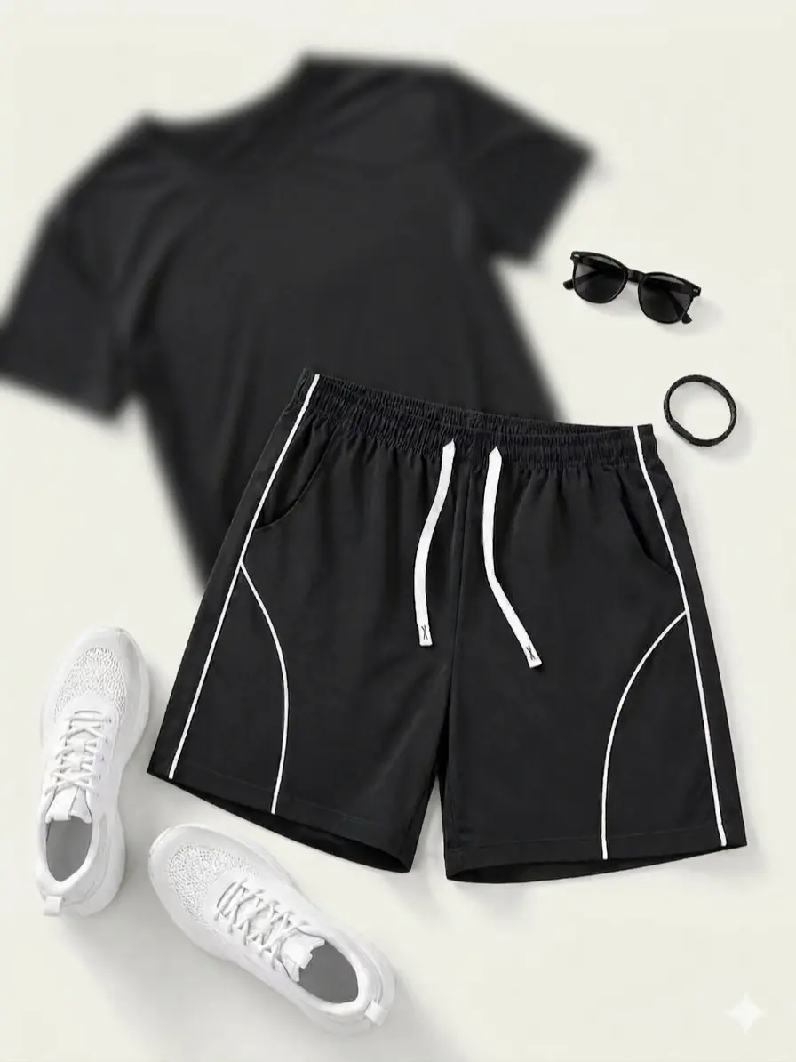 Men's Casual Fit Adjustable Gym Shorts - Quick-Dry Lightweight Athletic Bottoms with Elastic Waist, Drawstring, Fully Released Legs, Curved White Contrast Piping Side Design, Smooth Fine Stitching, No Sticky Discomfort for Gym, Sports (Top Not Included),,