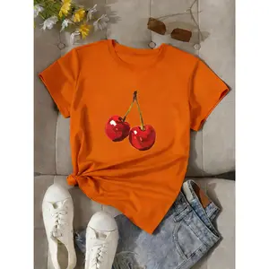 100% cotton cherry print T-shirt, short-sleeved round-neck casual top, women's spring/summer wear, soft and comfortable, light and breathable