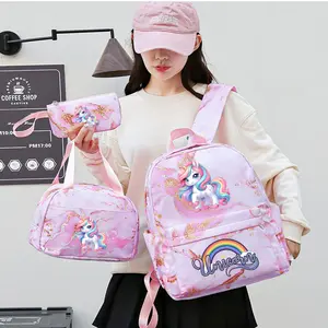Three-Piece Backpack Set, Cartoon Rainbow Unicorn Theme, Adjustable Straps, Zip Closure, Perfect for Outdoor Travel, Daily Commute, Home Parties
