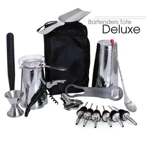Deluxe 17-Piece Stainless Steel Bartender's Tote Set, Includes .75oz/1.25oz Jigger, Bottle Opener, Shaker, Bar Tin & Bar Utensils