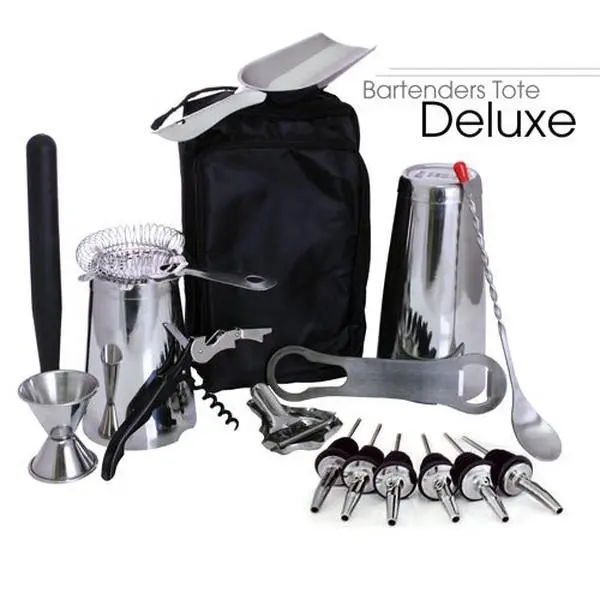 17-Piece Deluxe Stainless Steel Bartender Tote Set - Includes 0.75oz/1.25oz Jigger, Bottle Opener, Shaker, Bar Tin & Bar Utensils, 10Oz Ice Scoop, 28Oz Weighted Shaker