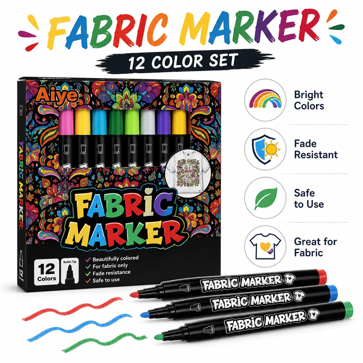 12-Color Fine Bullet Tip Permanent Fabric Marker Pens, Bright Fade-Resistant Ink, Office Stationery for Kids & Adults, Ideal for T-Shirts & Canvas Tote Bags, DIY Craft Art Supplies Gift Kit