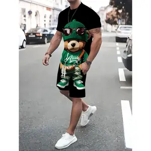 Men’s Plus Size Cartoon Print Short-Sleeve T-Shirt & Shorts Set, Casual Crewneck T-Shirt & Shorts, Summer Clothing