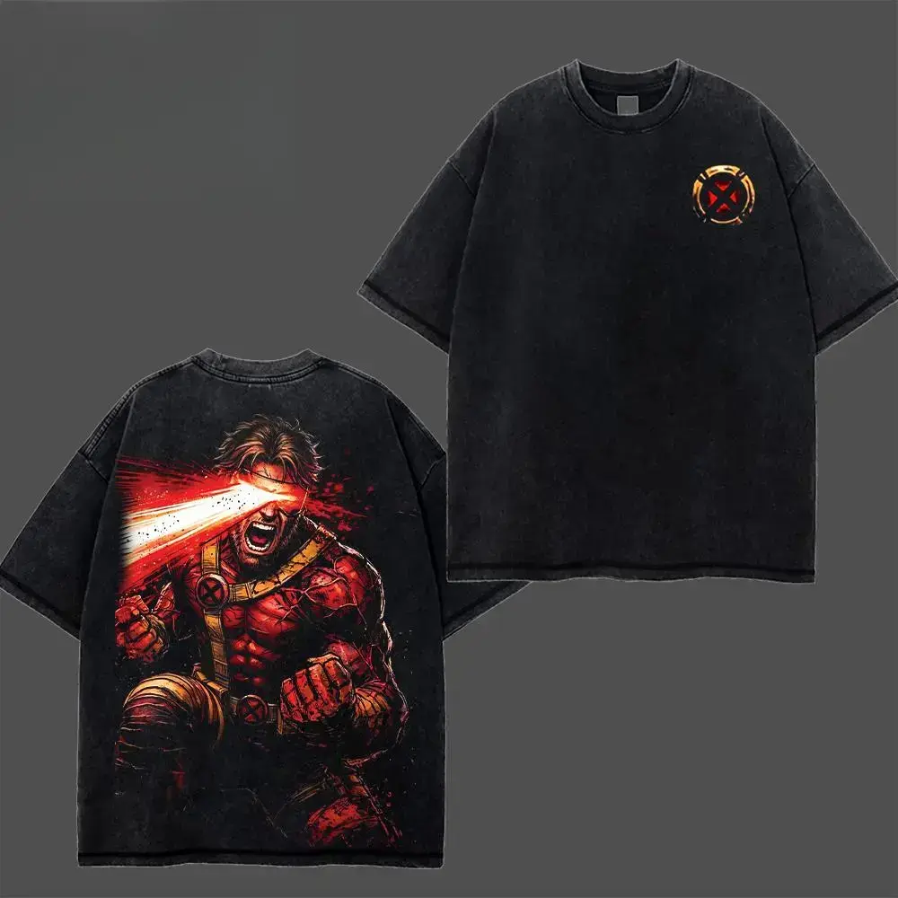 Retro Cyclops X-Men Glowing Circular X Chest Logo, Splatter Red Optic Laser Fisted Screaming Cyclops Red-Gold Suit Bust Back Print, Dual-Sided Vintage Washed Black T-Shirt, Unisex Oversized Heavyweight Cotton Streetwear Top, Ideal Gift for MCU X-Men Cyclo