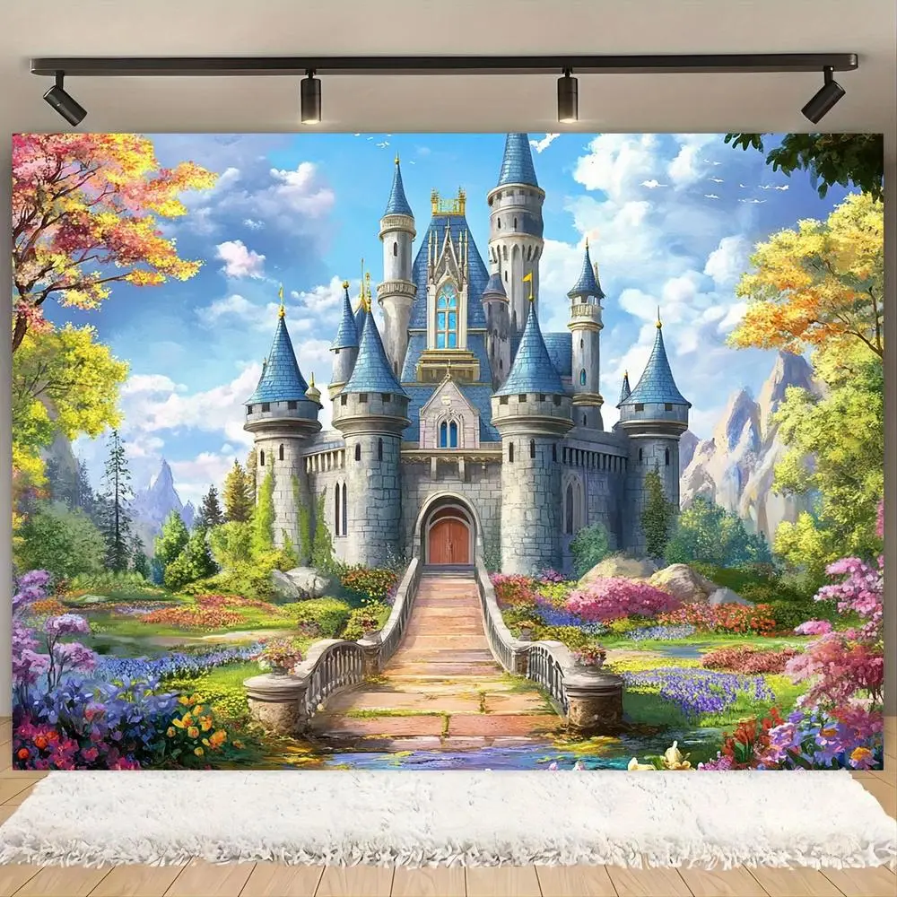 1pc 2D Flat Fairytale Castle Backdrop Banner, 39×59in-70..5in, A magical castle in a blooming meadow. Holiday Party Supplies Banner Decorations, No Electricity Needed White, Castle Scene, Fairytale Magic