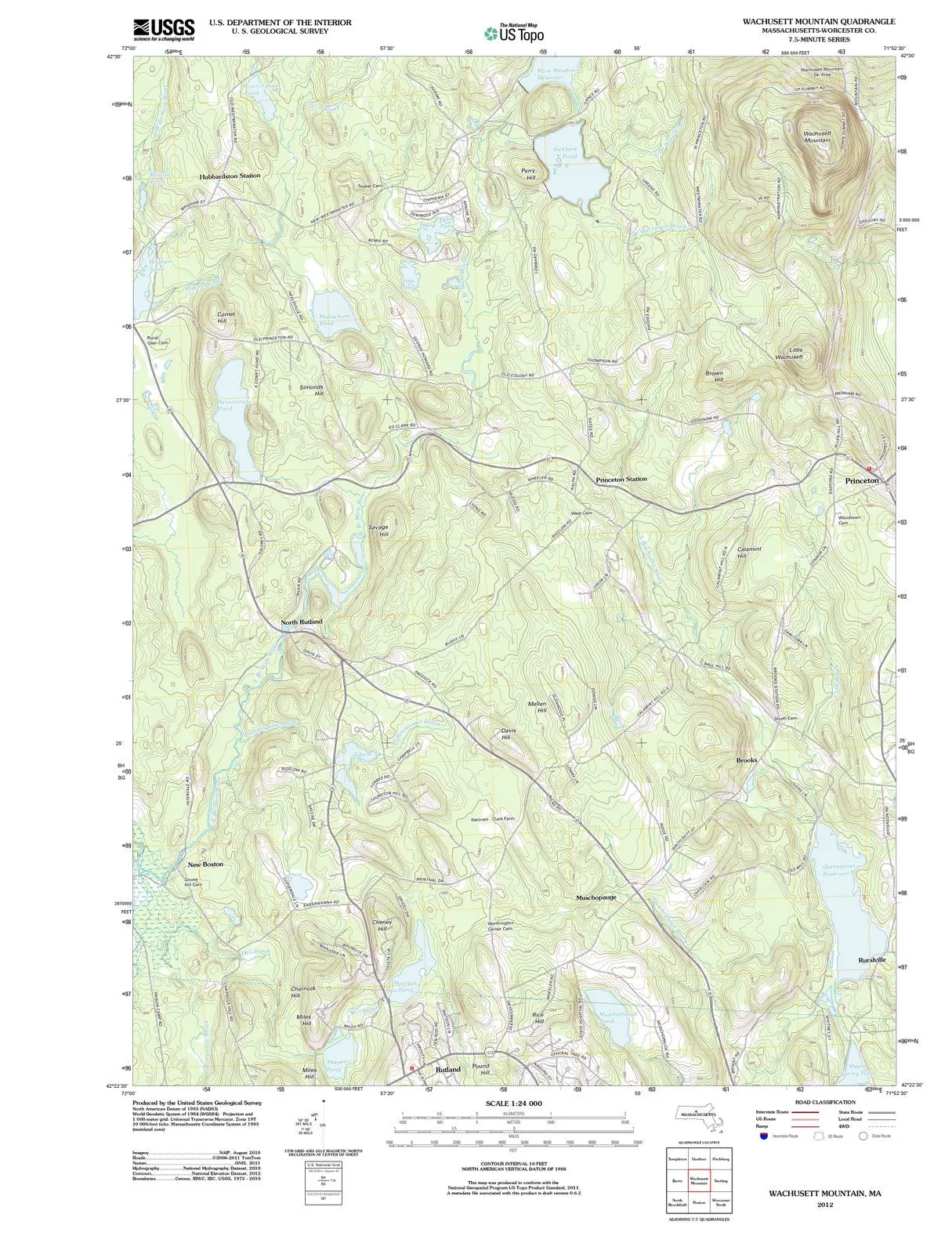 Wachusett Mountain Massachusetts USGS Topographic Quadrangle Map, 2012, 1:24000