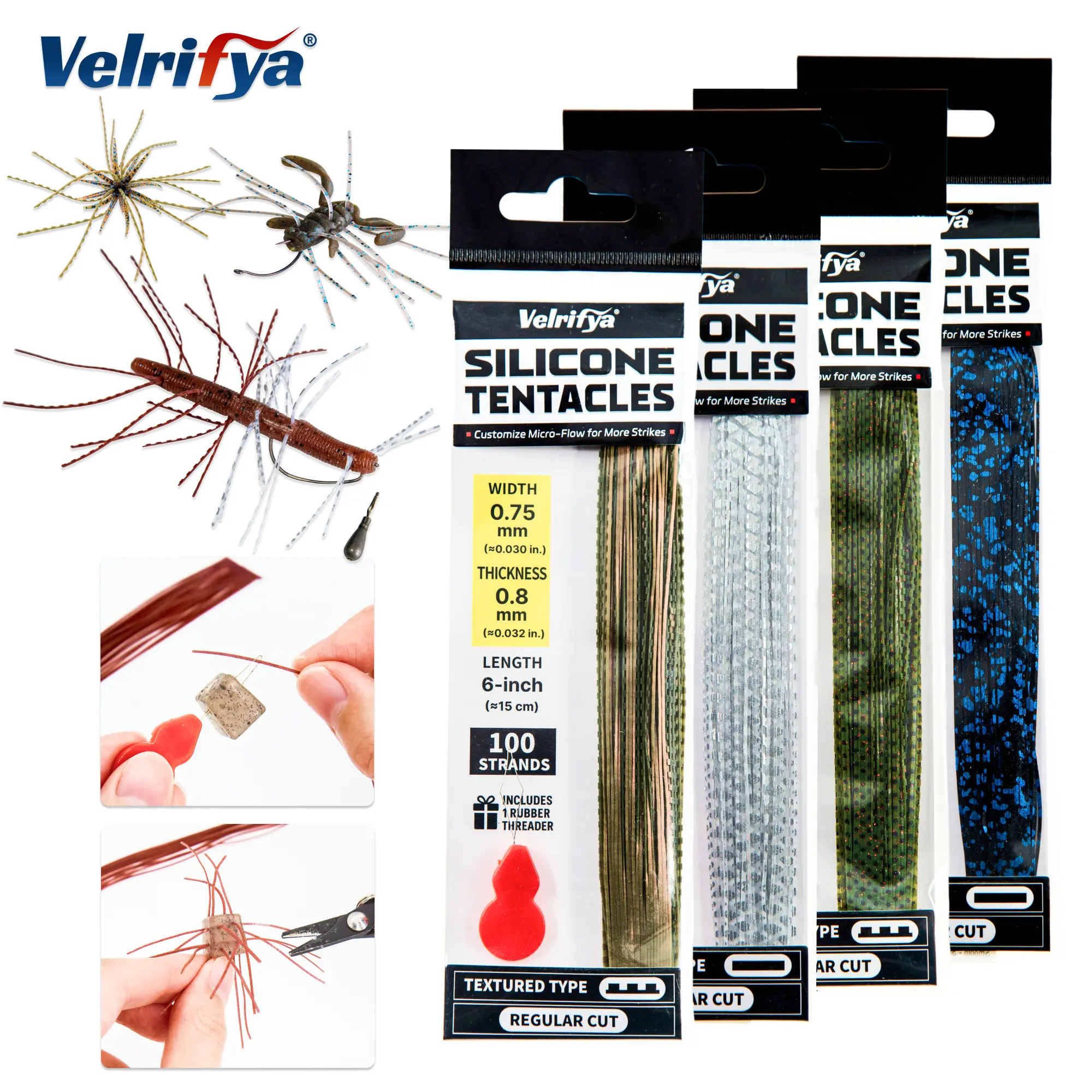Velrifya Silicone Skirt Material Rubber Legs Tentacle Strands for Fishing Lure Making, Jig Skirt Tabs, Dice Lure Material, Japanese Style Silicone Skirt with Threader Tool for Bass Fishing DIY Soft Baits