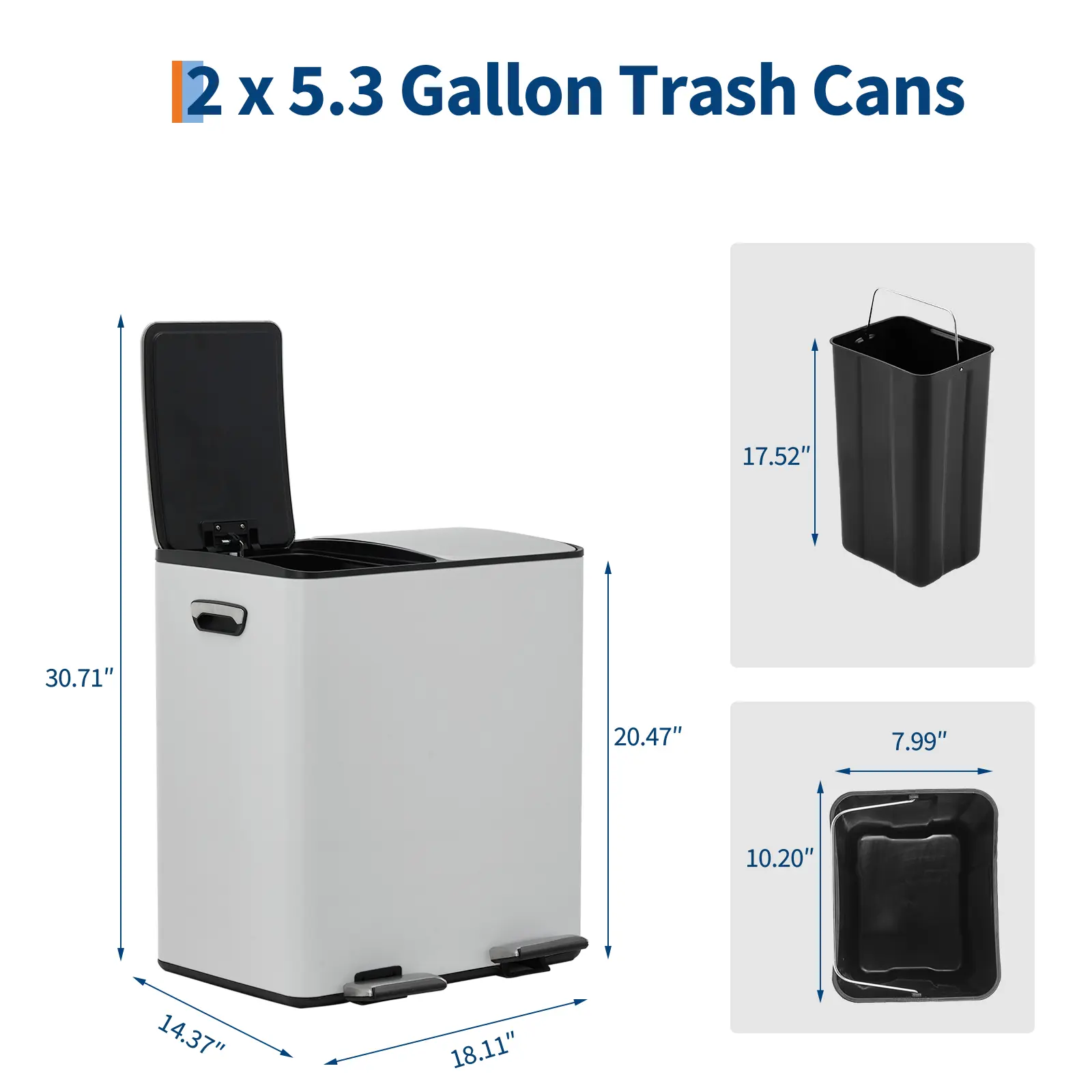 40L/2×20L Dual Trash Can, Stainless Steel Waste Sorting Bin, Soft-Close Lid & Non-Slip Collapsible Pedal Garbage Cans Garbage Can Bathroom
