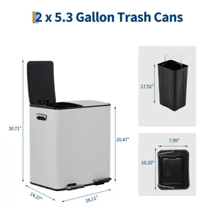 40L Dual Compartment Stainless Steel Recycling Bin, 2 x 20L Separated Kitchen Trash Can, Quiet Soft-Close Lid, Collapsible Non-Slip Foot Pedal and Removable Inner Buckets, Practical Waste Sorting Garbage Container for Household