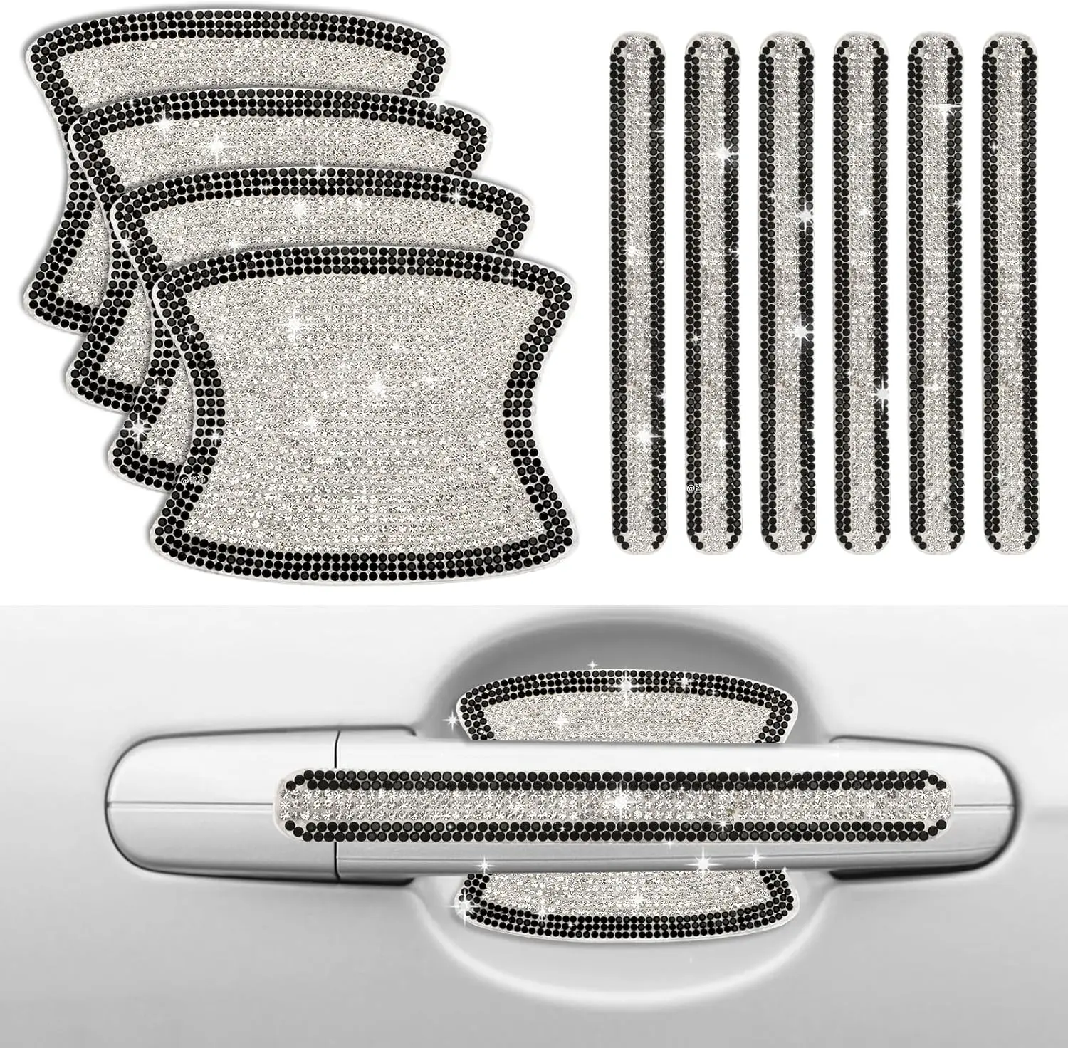 10 count  Door Handle Protector Bling Rhinestones Stickers Universal Auto Door Handle Scratch Cover Guard Protective Film Pad with Safety Reflective Strips Bling  Accessories ( and Black)