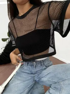 TikTok Viral 2026 Women's Sheer Mesh Crop Top，Fishnet Short Sleeve  T-Shirt with Contrast Trim，Y2K Grunge Streetwear Aesthetic ， Festival, Club, Beach, Daily Wear - Trendy Summer See Through Cover Up Top for Teen Girls & Young Women - 2026 Street Style
