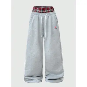 Men's Baggy Sweatpants High Waisted with Plaid Waistband, Trendy Wide Leg Lounge Pants, Casual Streetwear Joggers with Side Stripes, Athleisure Style Bottoms