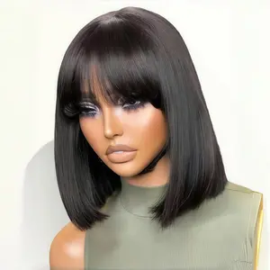 Black Short Bob Wig Human Hair Short Straight Bob With Bangs 4x1 HD Transparent Lace Frontal Wig With Band Middle Part Lace Frontal Bob wig Natural black