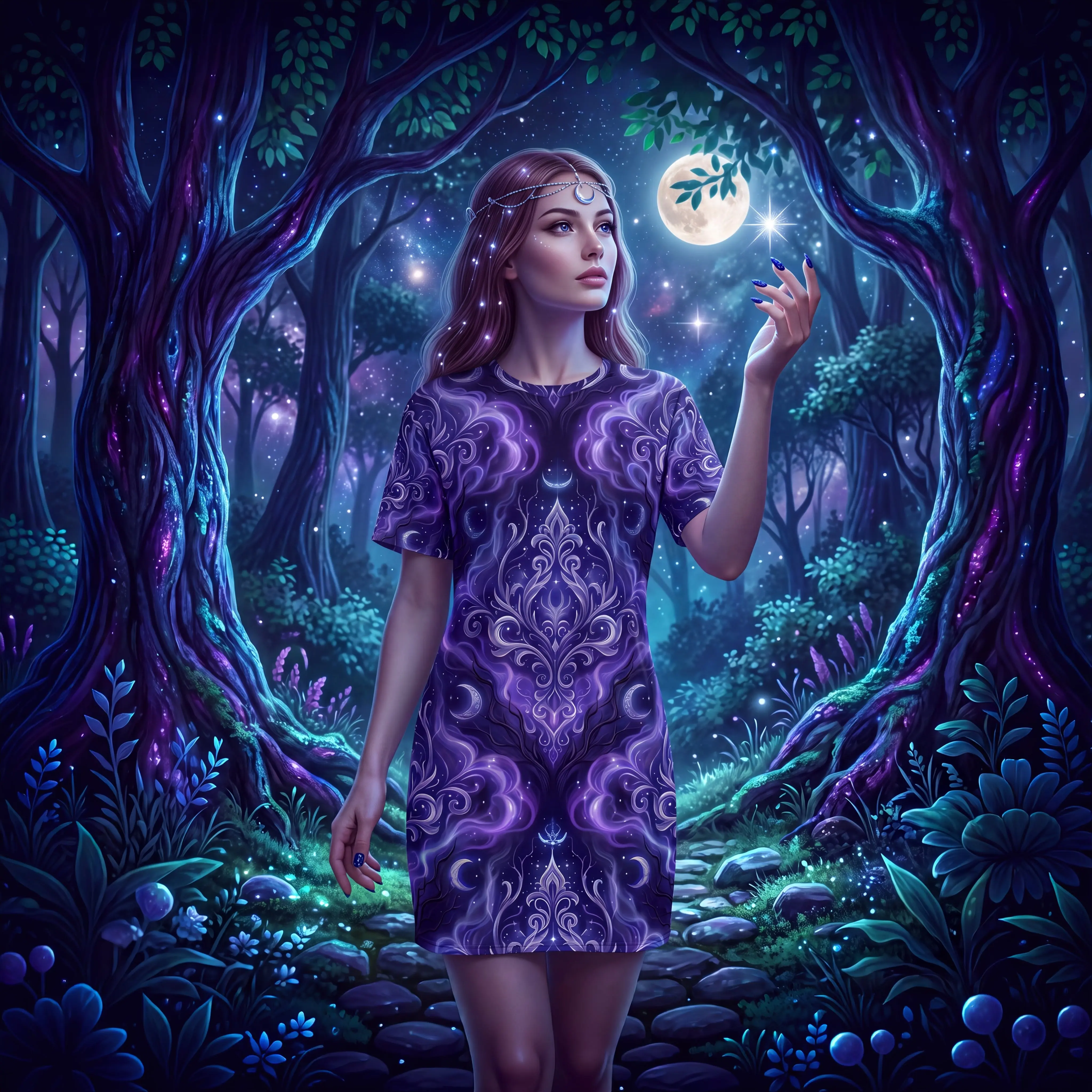 Celestial T-Shirt Dress | Purple Moon and Stars Oversized Dress