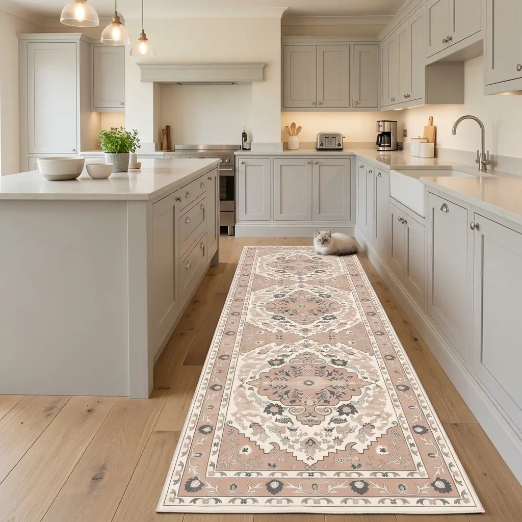 RUGIXE Machine Washable Pink Beige Boho Floral Kitchen Rug 3x7 3x10 ft, Vintage Soft Velvet Low Pile Kitchen Mat with TPR Non Slip Backing for Sink, Laundry Room, Entryway