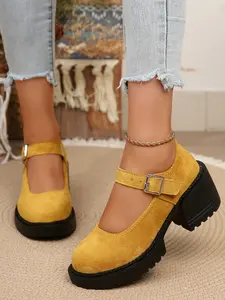 Women’s Retro Mary Jane Platforms Bright Yellow Suede-Like Buckle Strap Chunky Sole Vintage-Inspired Outfits Brunch Dates Casual Street Style Shoe