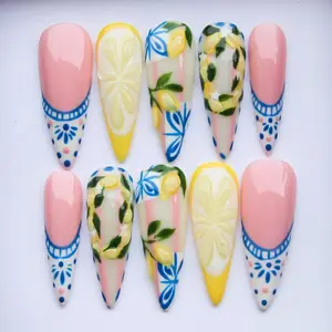 Amalfi Coast Lemon Press On Nails | Mediterranean Tile Stiletto Summer Nails | Luxury Blue White Lemon Nail Set | Vacation Ready Glue On Nails