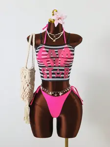 VYNCE Pink White Striped Floral Camisole Bra Top Side Tie Bikini Bottoms 3 Piece Set Summer Beach Vacation Y2K Outfit Casual