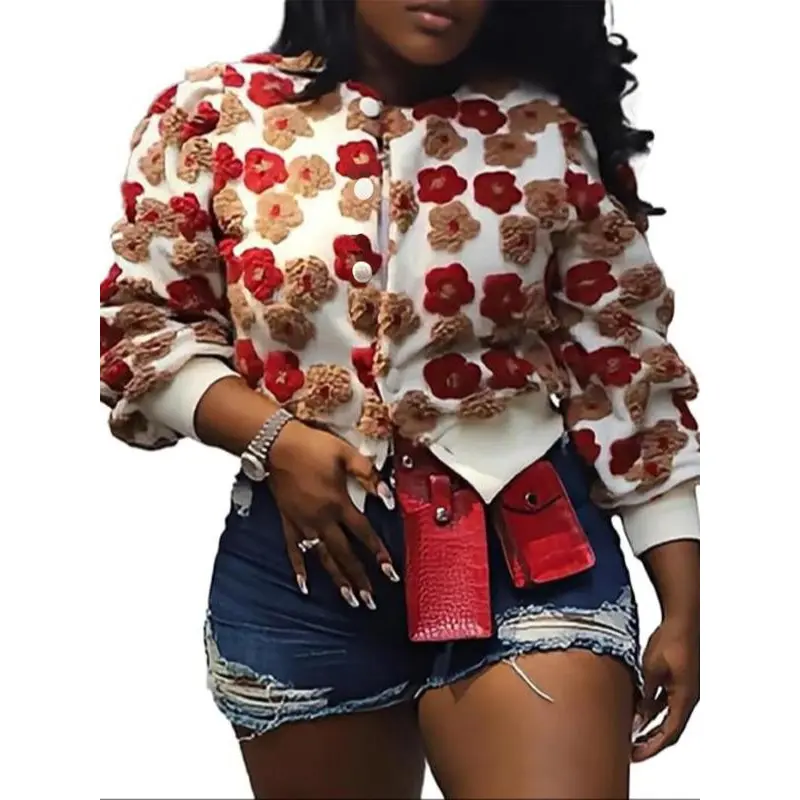 Women's Casual Floral Jacquard Jacket, Loose-Fit Round Neck Long-Sleeve Button-Front Outerwear, Machine Washable Coats Tops