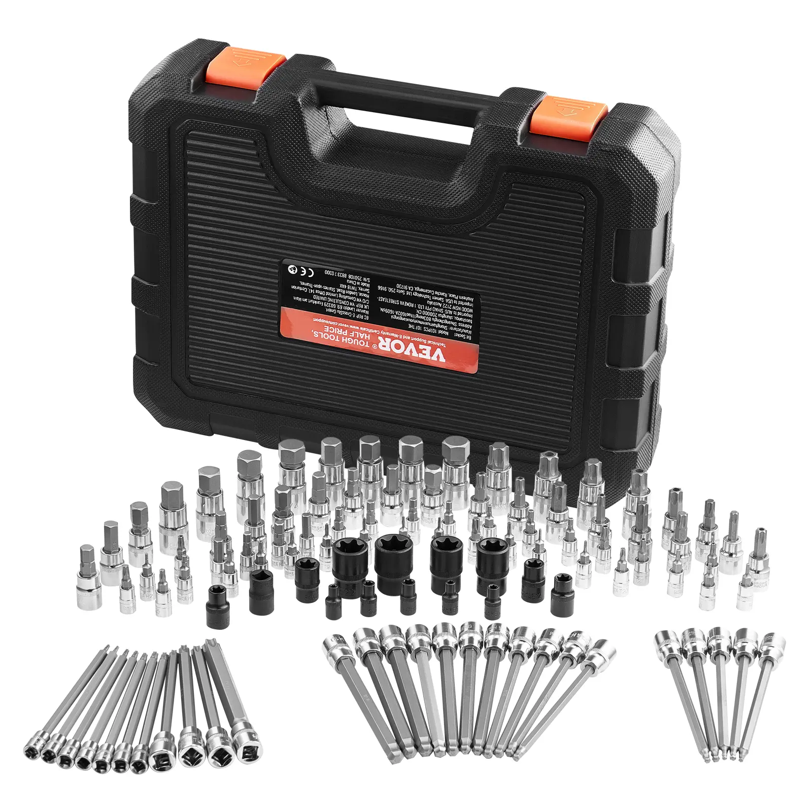 【DealsForYouDays】VEVOR Bit Socket Set,107-Piece SAE and MetricHex/Torx/External Torx/Tamper-Proof/Extra LongS2 Alloy Steel and Cr-V Steel1/4 in3/8 inand 1/2 in Driveswith Enhanced Storage CaseHand Use