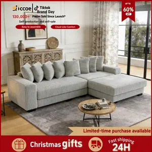 Niccae 111-in Modern L-Shape Corduroy Upholstered Sectional Sofa with Recliner, Chaise, Extra-Wide Lounge Loveseat & 8 Free Pillows - Living Room Apartment Furniture, Upholstered Couch, Sofa With Chaise