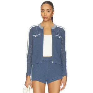 Central Park West Raya Mixed Stitch Zip Cardi in Navy