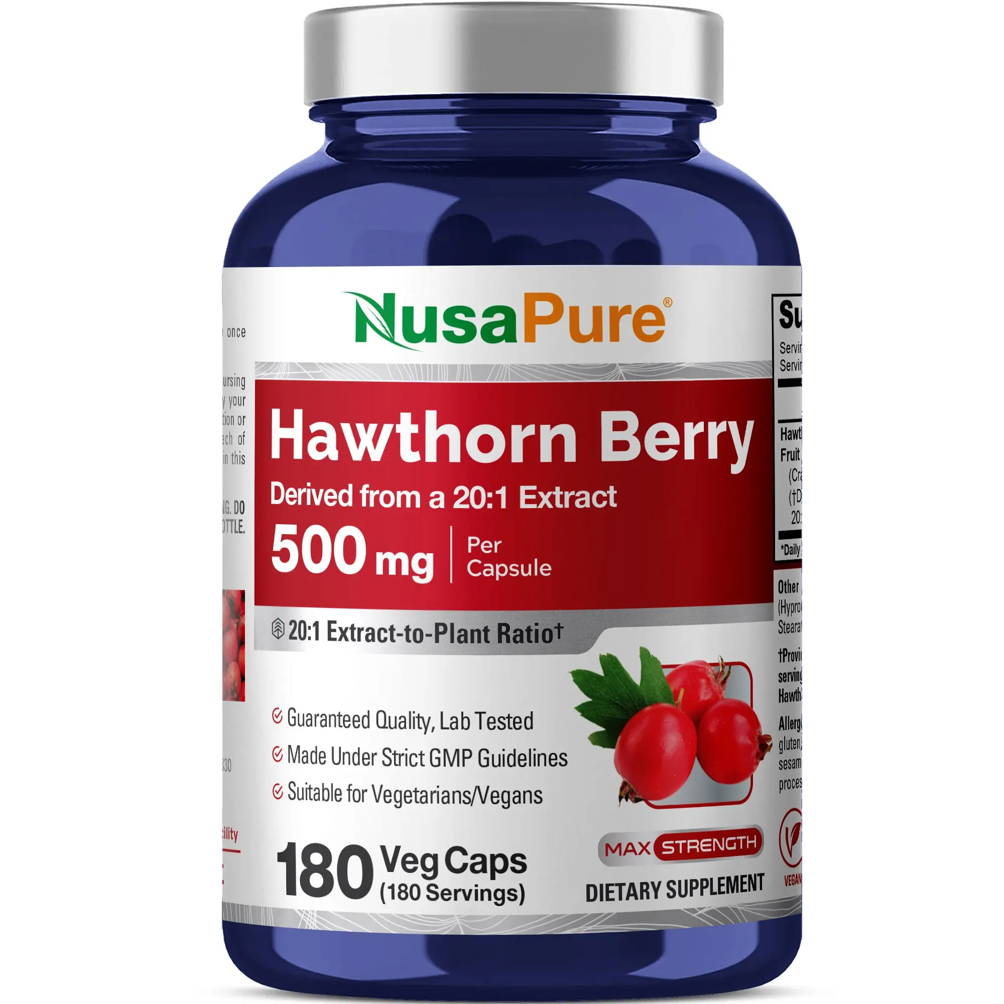 NusaPure High Potency Hawthorn Berry 20:1 Botanical Extract Veggie Capsulas, 500mg, 180 Count (180 Servings) for Adults - Blood Pressure Support, Antioxidant Boost, Vegetarian/Vegan, Non-GMO, Caffeine-Free Lifestyle