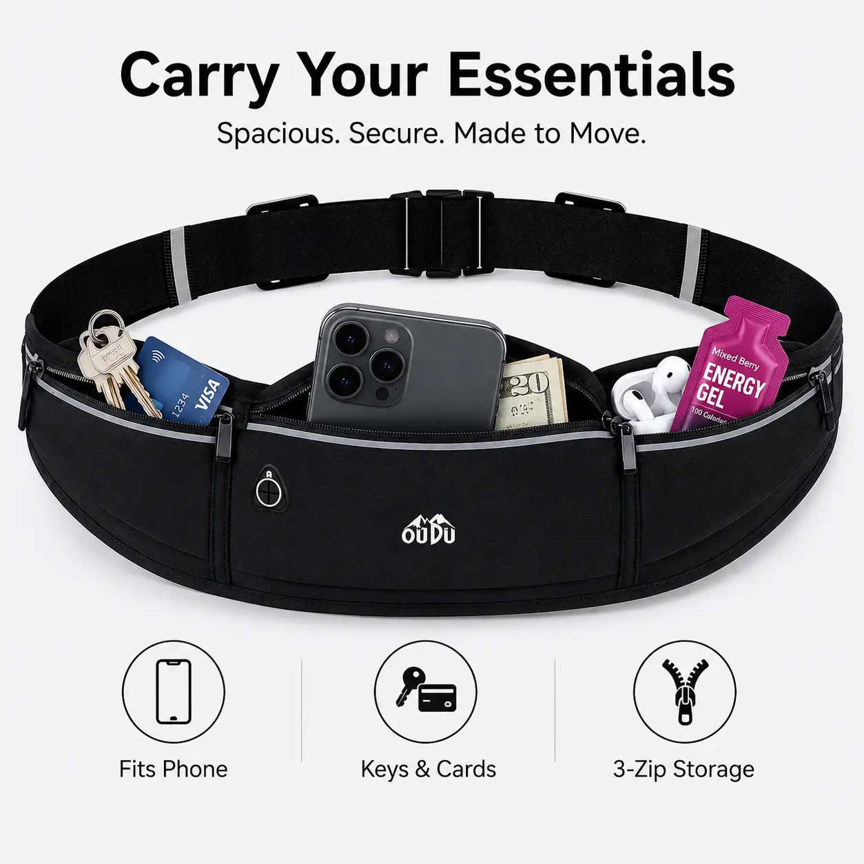 Black Running Belt for Men and Women, Adjustable 3-Pocket Waist  with Headphone Port, Lightweight Hands-Free Phone Holder for Running, Walking, Gym and Travel marathon runner