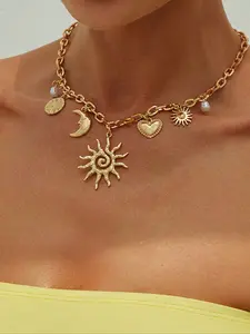 Women's Fashion Pendant Necklace, Vintage Bohemian Design with Sun Moon Heart Pendants, Perfect for Parties and Holidays, Daily wear necklace, Boho Style Necklace