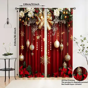 Christmas Theme Curtains Set, Window Curtain, Velvet Fabric with Gold Snowflakes & Colorful Balls, Festive Home Decor for Living Room Bedroom