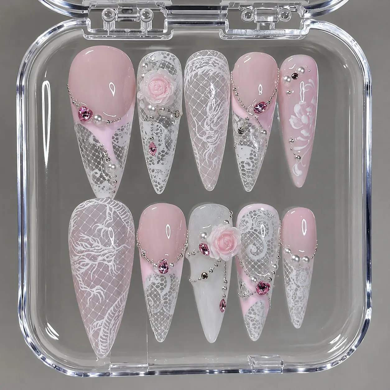Handmade Bridal Lace Press On Nails | 3D Roses, Pink Crystals & White Net Art on Milky Blush Base | Long Nails for Elegant Wedding Vibe