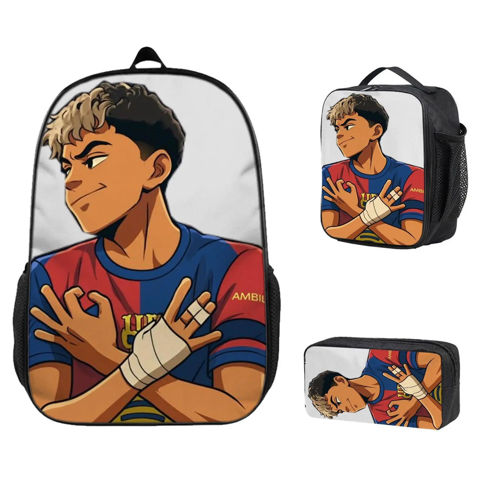 3-Piece Lightweight Casual Backpack Set - Insulated Meal Bag, Pencil Case,Leandro Yamal, Barcelona Jersey, Anime Style, Bandaged Hand, Crossed Arms DesignAnime gifts, children will definitely love high-quality backpacks