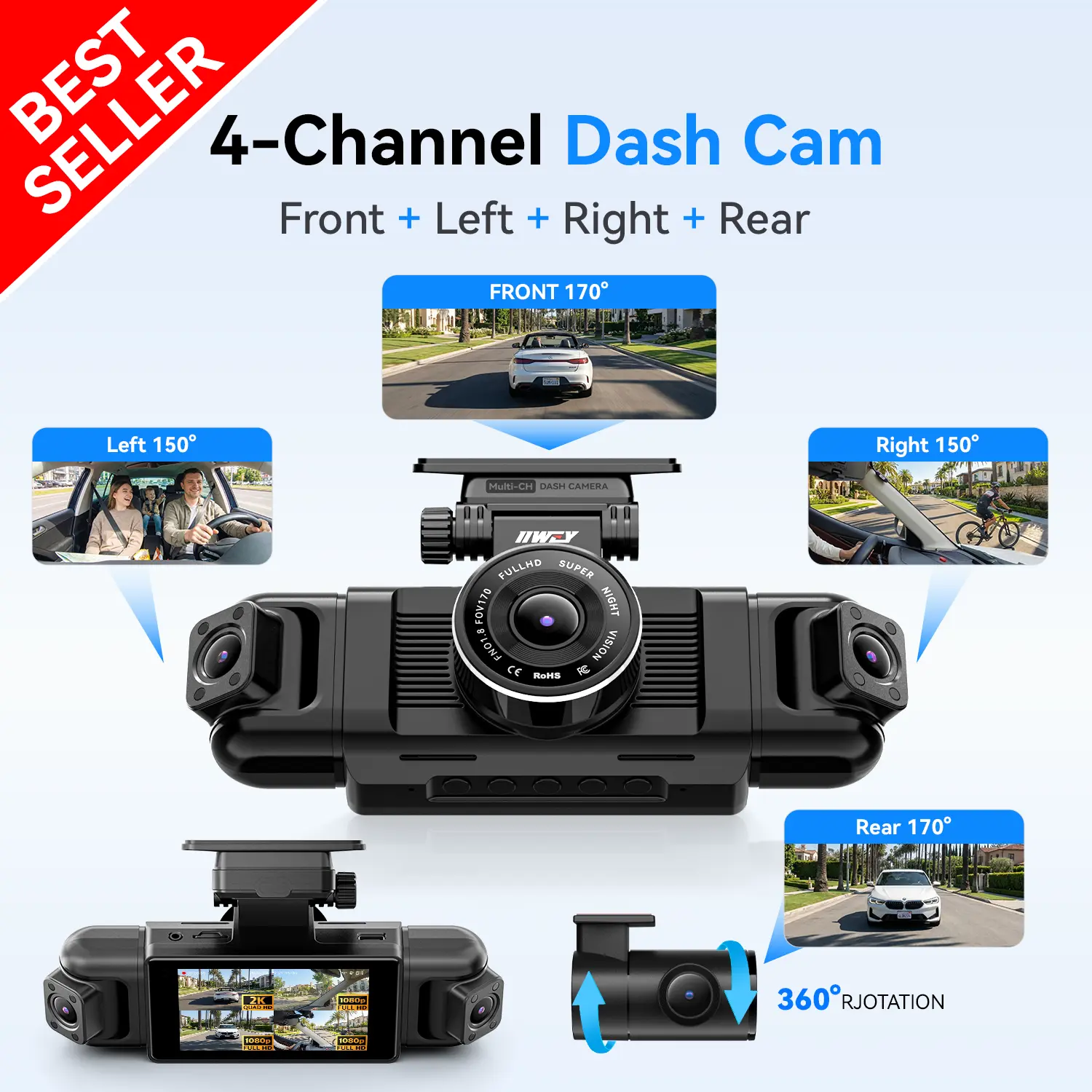【Best Seller】360 View N5 4 Channels Dash Cam 1080P Front & Rear 8 IR Lamps Night Vision 5G WiFi APP Control G-Sensor Parking Mode 128GB SD Card Included side  camera gift,car accessories