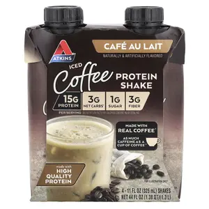 Atkins Iced Coffee Protein Shake, Cafe Au Lait, 4 Shakes, 11 fl oz (325 ml) Each