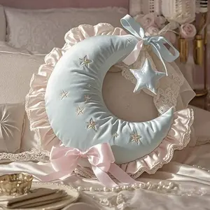 Cute Moon Shaped Pillow with Star Decor & Ruffled Trim, Aesthetic Summer Vibe Soft Cushion for Girls Bedroom Home Decor, Room Decor, Whimsical Home Decor