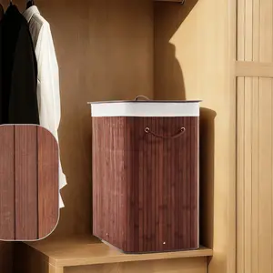 Slim Bamboo Laundry Hamper with Lid - 27.5 Gallon Wooden Clothes Basket, Removable Washable Liner, Decorative Storage for Small Bedrooms, Apartments, Dorms