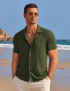 Mens Knit Button Down Shirt Short Sleeve Button Up Shirt Summer Casual Beach Tops
