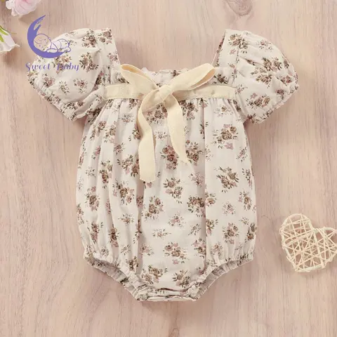 Cute Baby Romper-Dress Bodysuit, Flower Print Square Neck Short Sleeve Airy Cotton with Bow Accent, 0-3 Months/1-2 Years 35-43 cm Cool-Keeping Clearance Baby Clothing for Shopping