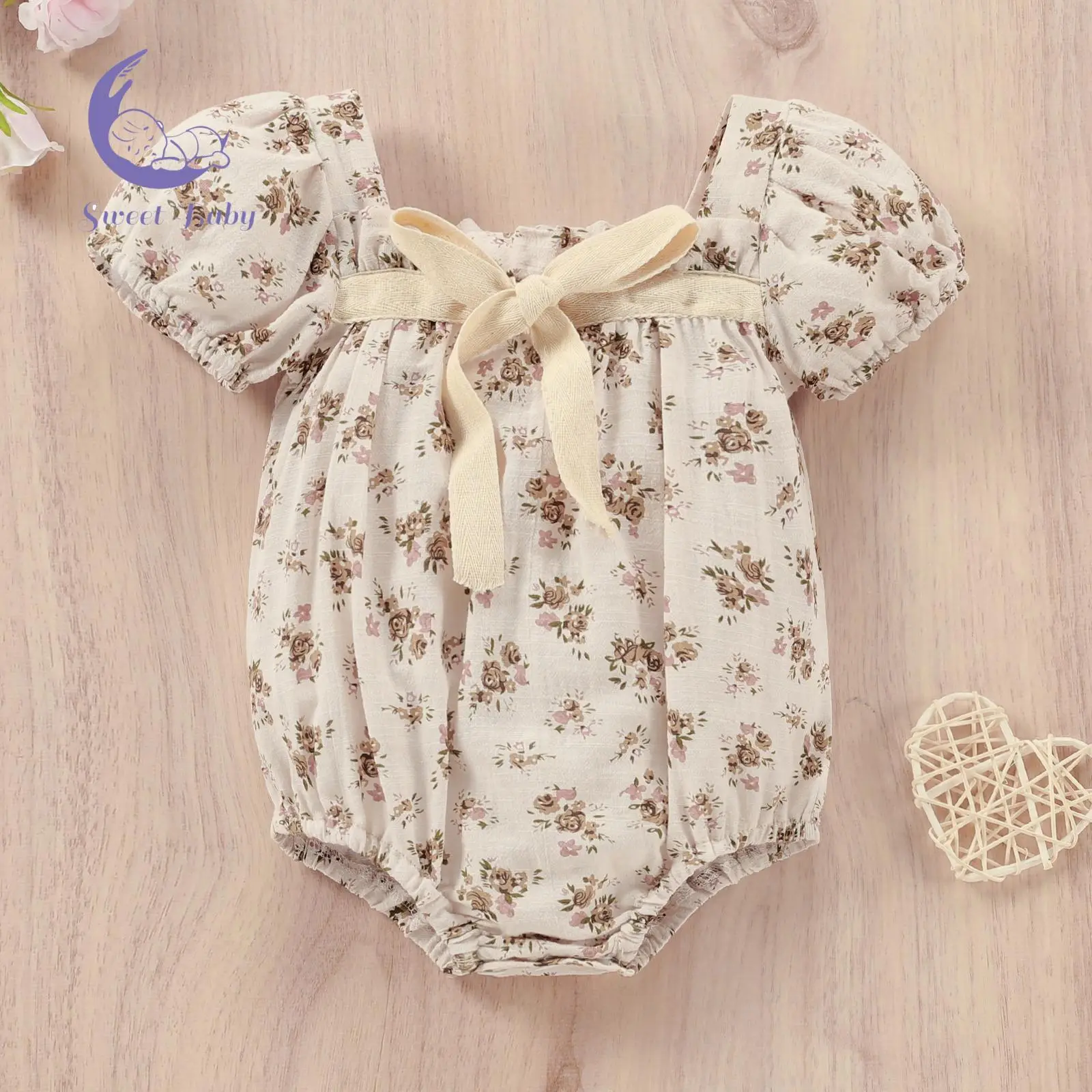 Baby Romper/ Dress, Flower Print Square Neck Short Sleeve Bodysuit/ for Summer Cloth Cozy Cotton Casual Cute baby boy clothes baby clothes girl baby