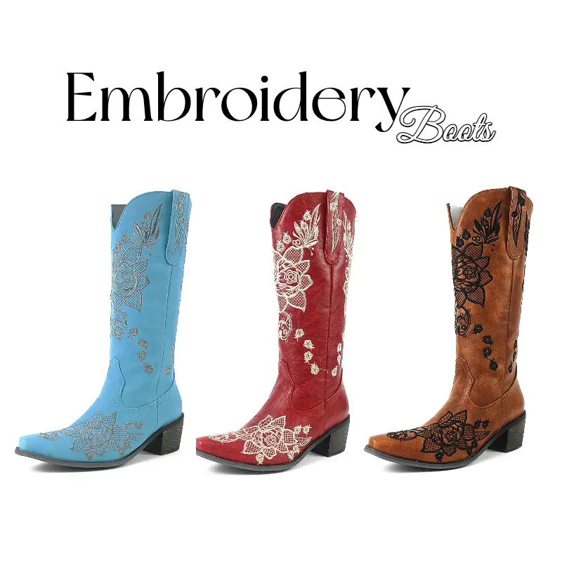 Women's Classic Embroidered Leather Cowboy Boots - Block Heel Mid-Calf Lakeblue Stylish Footwear for Girls, Embroided Leather Boot